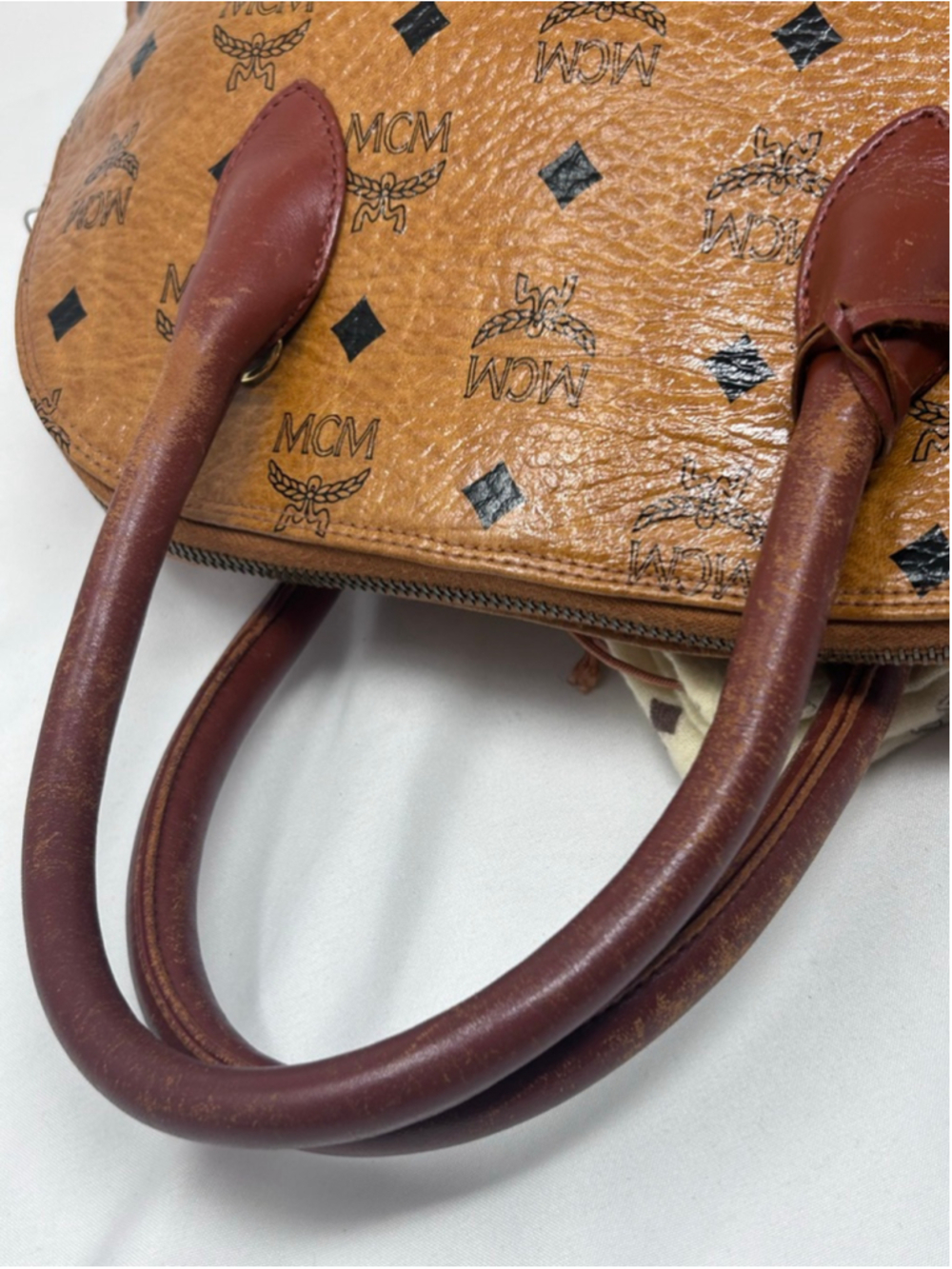 Vintage MCM Visetos Alma Satchel Cognac Monogram Leather Lock Key - Picture 10 of 16